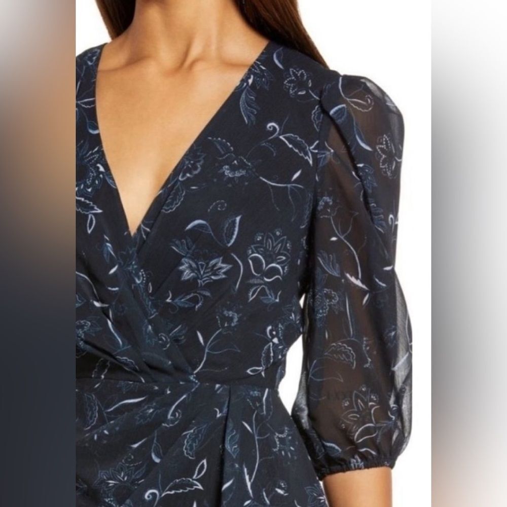 Halogen Chiffon Faux Wrap Floral Dress In Black Bali Size XS NWOT